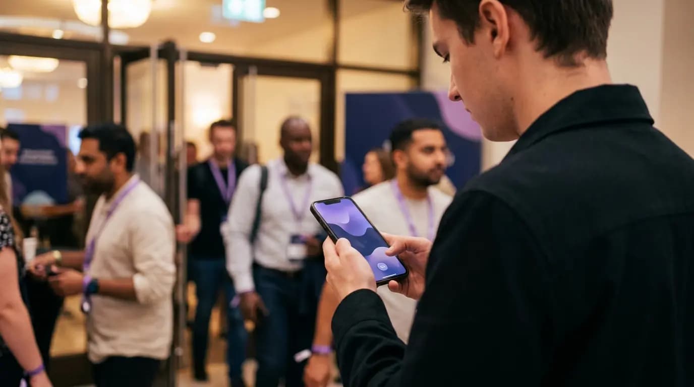 Ein Fan im Foyer eines Veranstaltungsortes meldet sich beim Öffnen der Türen auf dem Smartphone im WiFi an