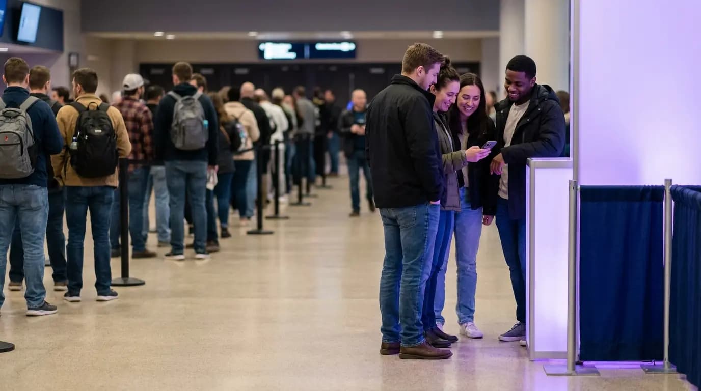 Fans auf dem Arena-Umlauf blicken neben einem Sponsorenstand auf ihre Smartphones