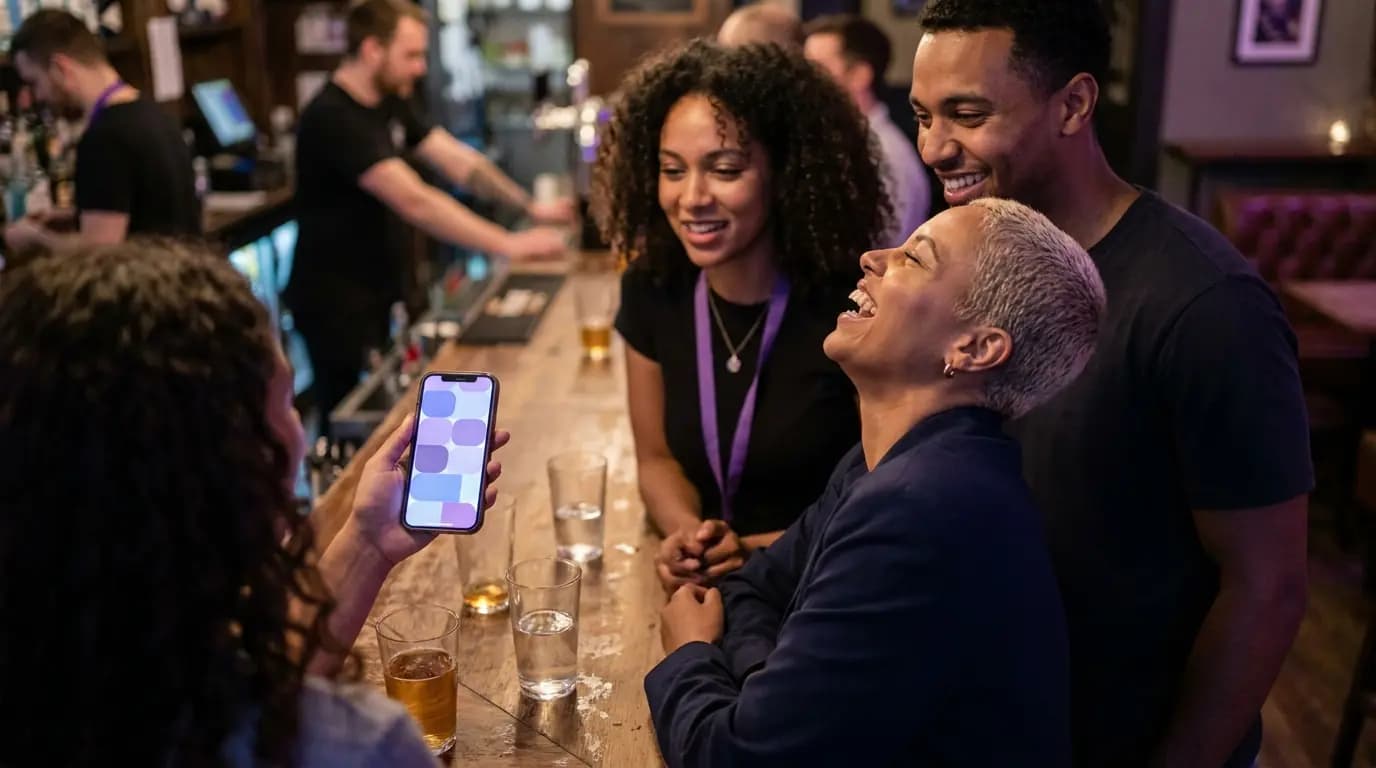 Freunde an einer Bar im Veranstaltungsort zwischen den Auftritten, einer hält ein Smartphone mit einer abstrakten Umfrage-Anzeige