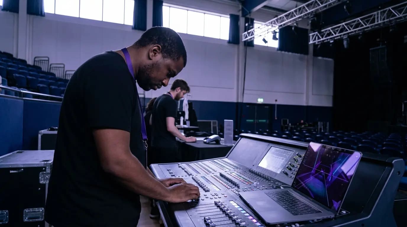 Ein Mitglied der Produktions-Crew an einem Front-of-House-Pult mit einem Laptop, im Hintergrund ein Kartenterminal an einem Merchandising-Stand
