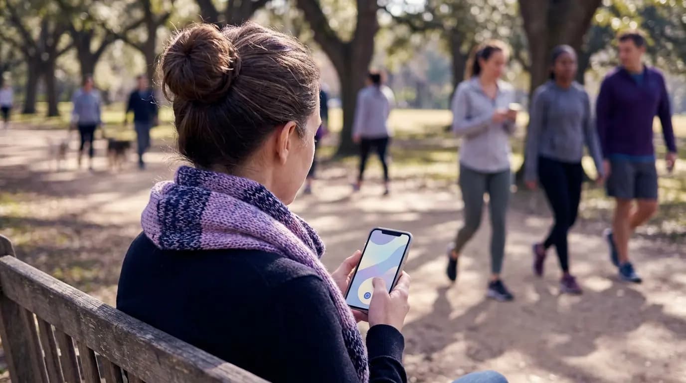 Una donna su una panchina del parco si connette al WiFi pubblico gratuito sul suo telefono accanto a un sentiero alberato