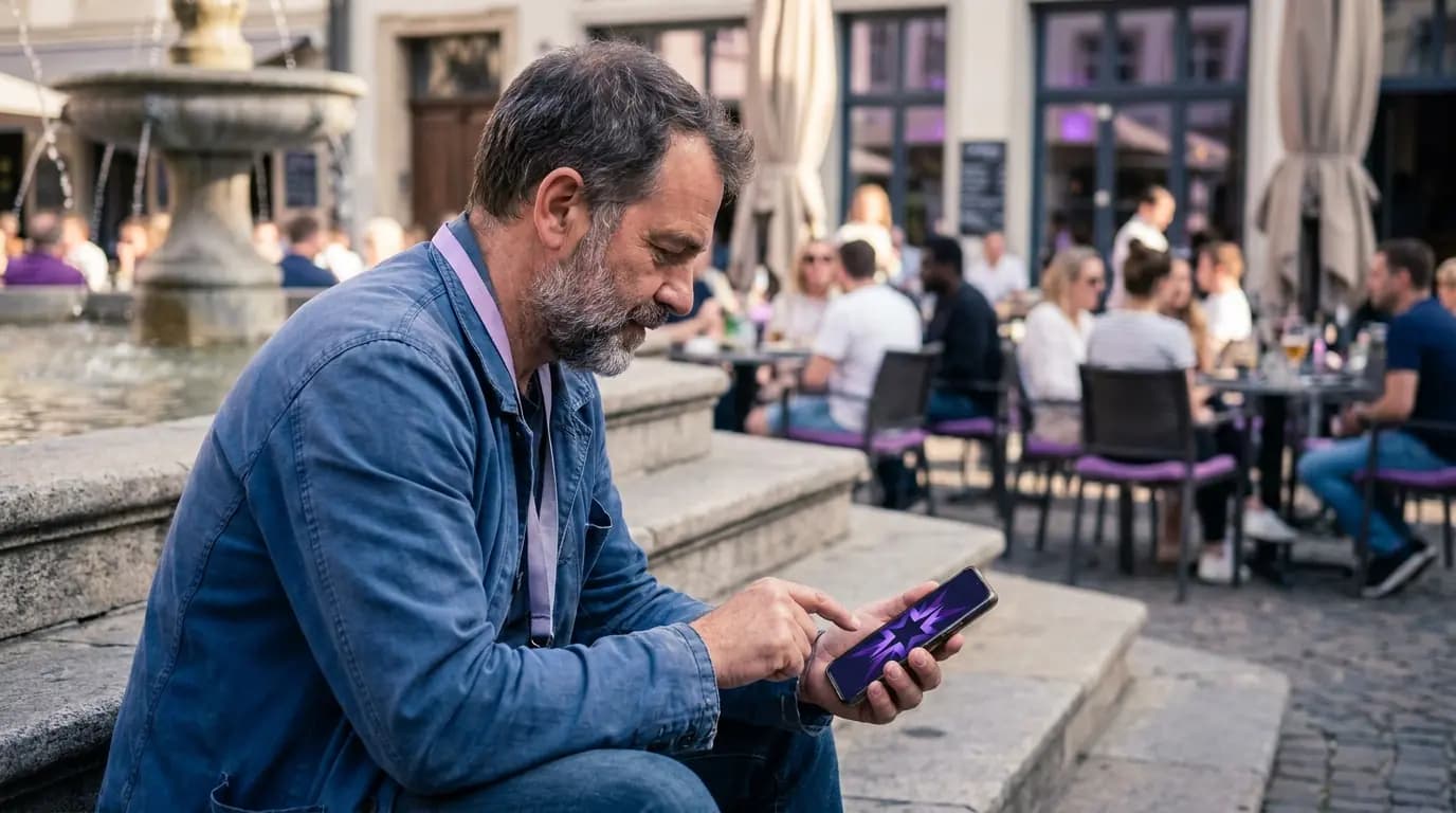 Un visitatore risponde a un breve sondaggio con valutazione a stelle sul proprio telefono mentre è seduto sui gradini di una piazza cittadina