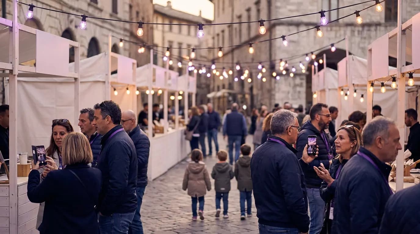 Una folla a un festival gastronomico serale in una piazza cittadina, con fili di luci sopra le bancarelle