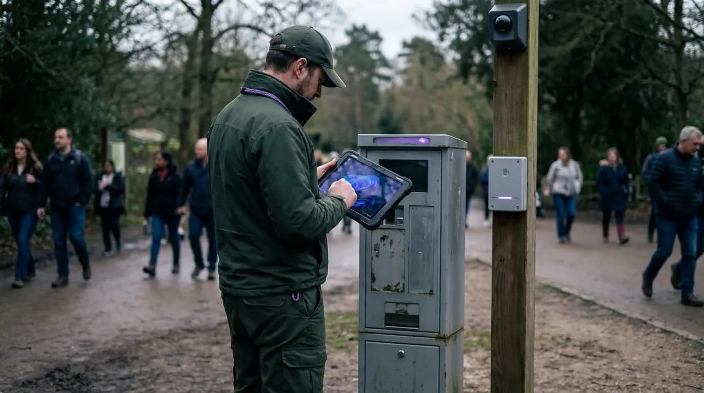 Un guardaparco controlla un tablet accanto a un parcometro e a un palo con telecamera all'ingresso di un parco