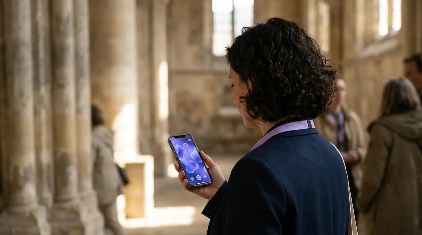 A visitor holding a phone with a welcome screen in a quiet, sunlit place of worship