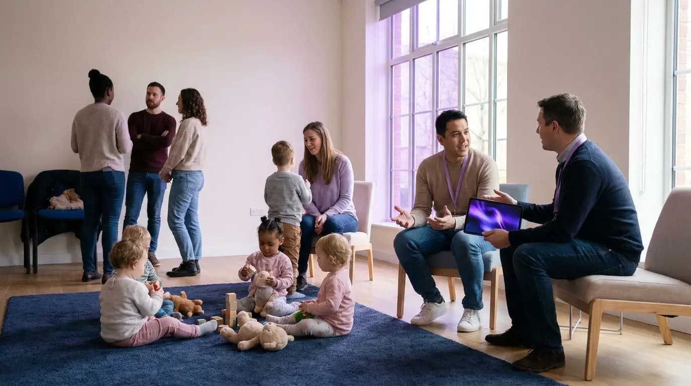 A community group of parents and young children gathered in a bright hall beside a place of worship