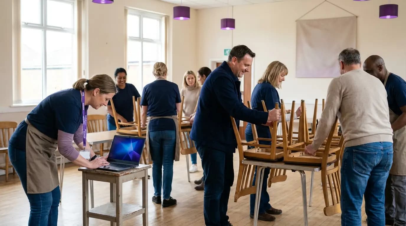 A small team of staff and volunteers preparing a hall for a community event, one checking a laptop