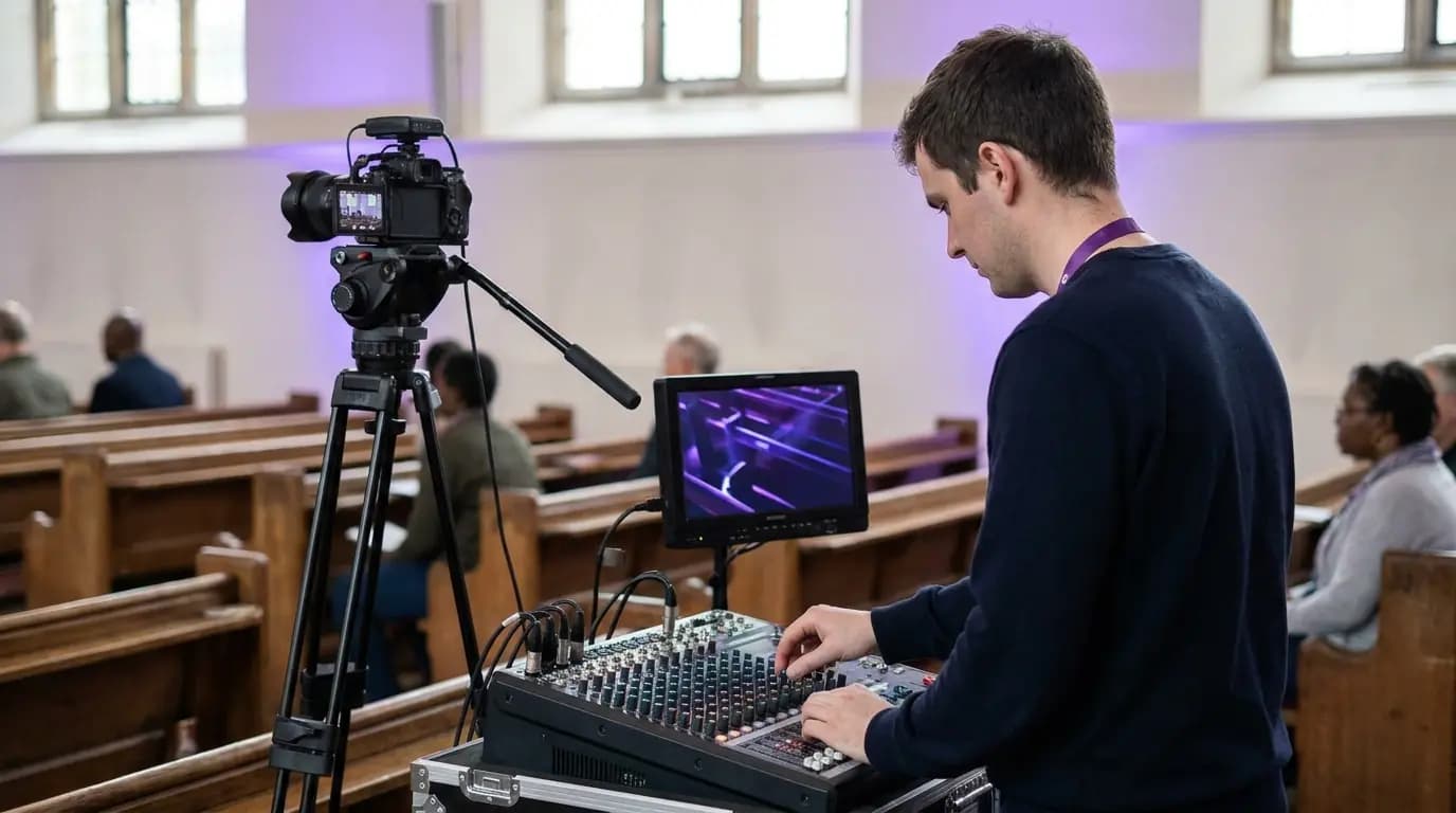 A volunteer at a sound desk beside a livestream camera on a tripod at the back of a quiet worship space