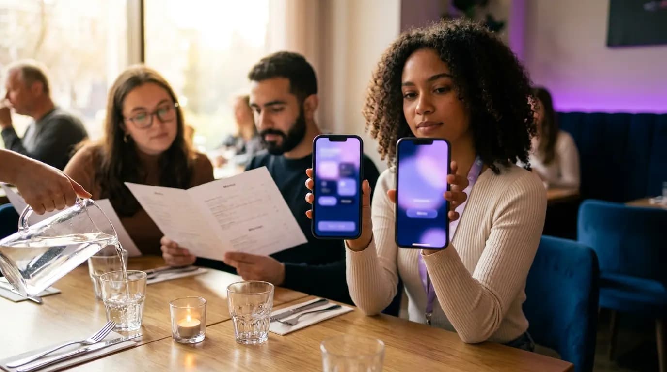 Um visitante a iniciar sessão no WiFi do restaurante num telemóvel enquanto os amigos leem o menu