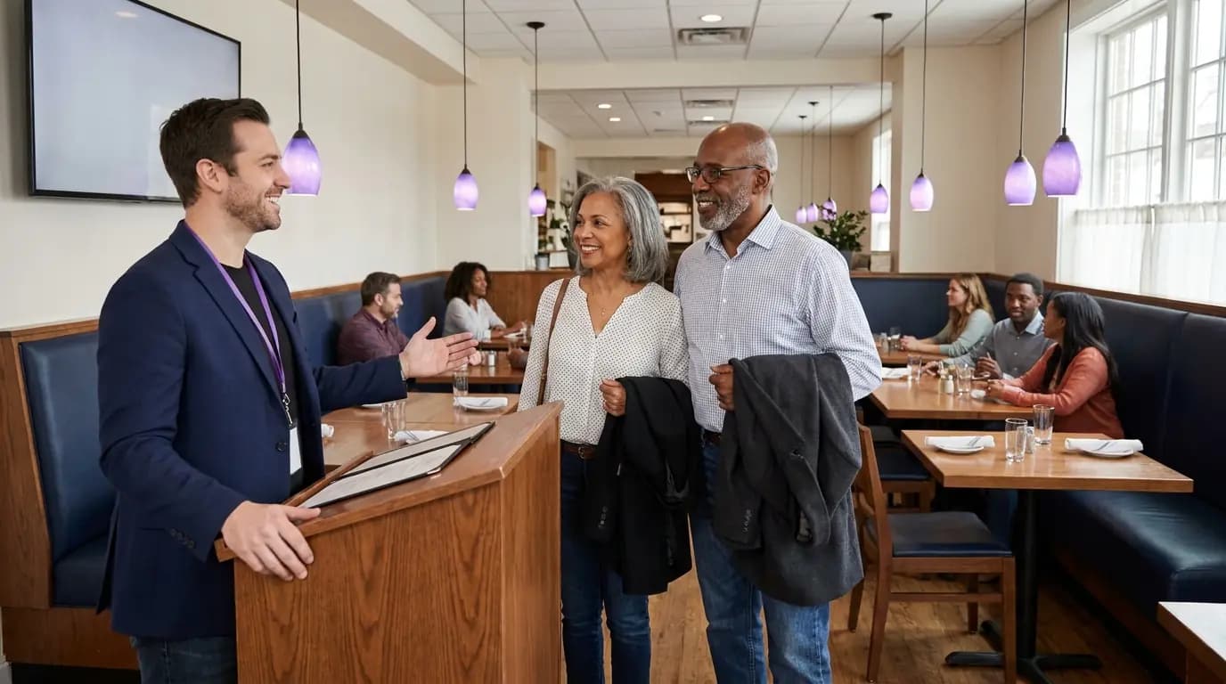 Um cliente habitual a ser recebido pelo nome por um anfitrião à porta de um restaurante de bairro