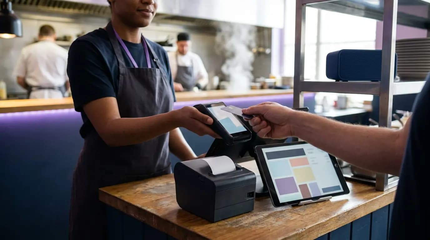 Um empregado de mesa a receber o pagamento num balcão de restaurante ao lado de uma impressora de recibos e de um tablet de reservas
