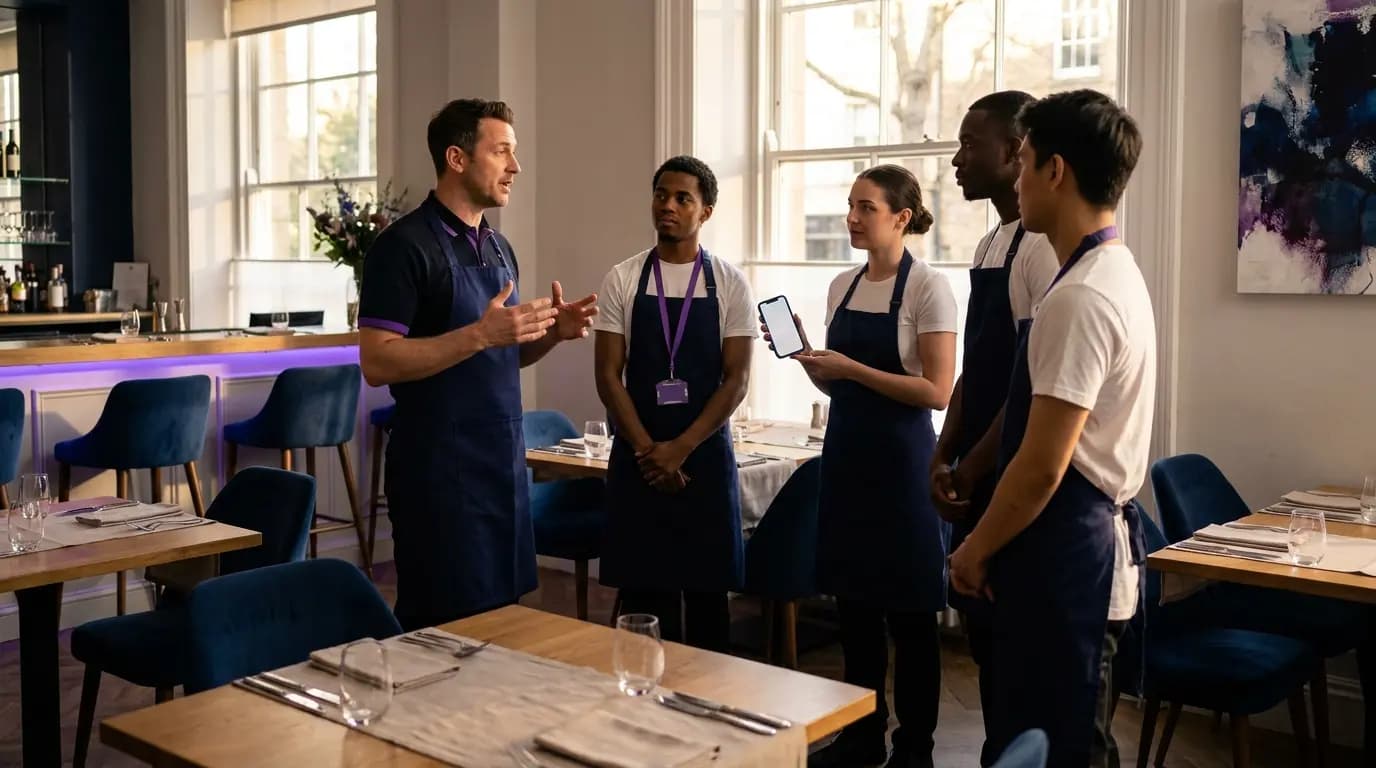 Um gerente de restaurante a dar instruções à equipa de sala antes do serviço de jantar
