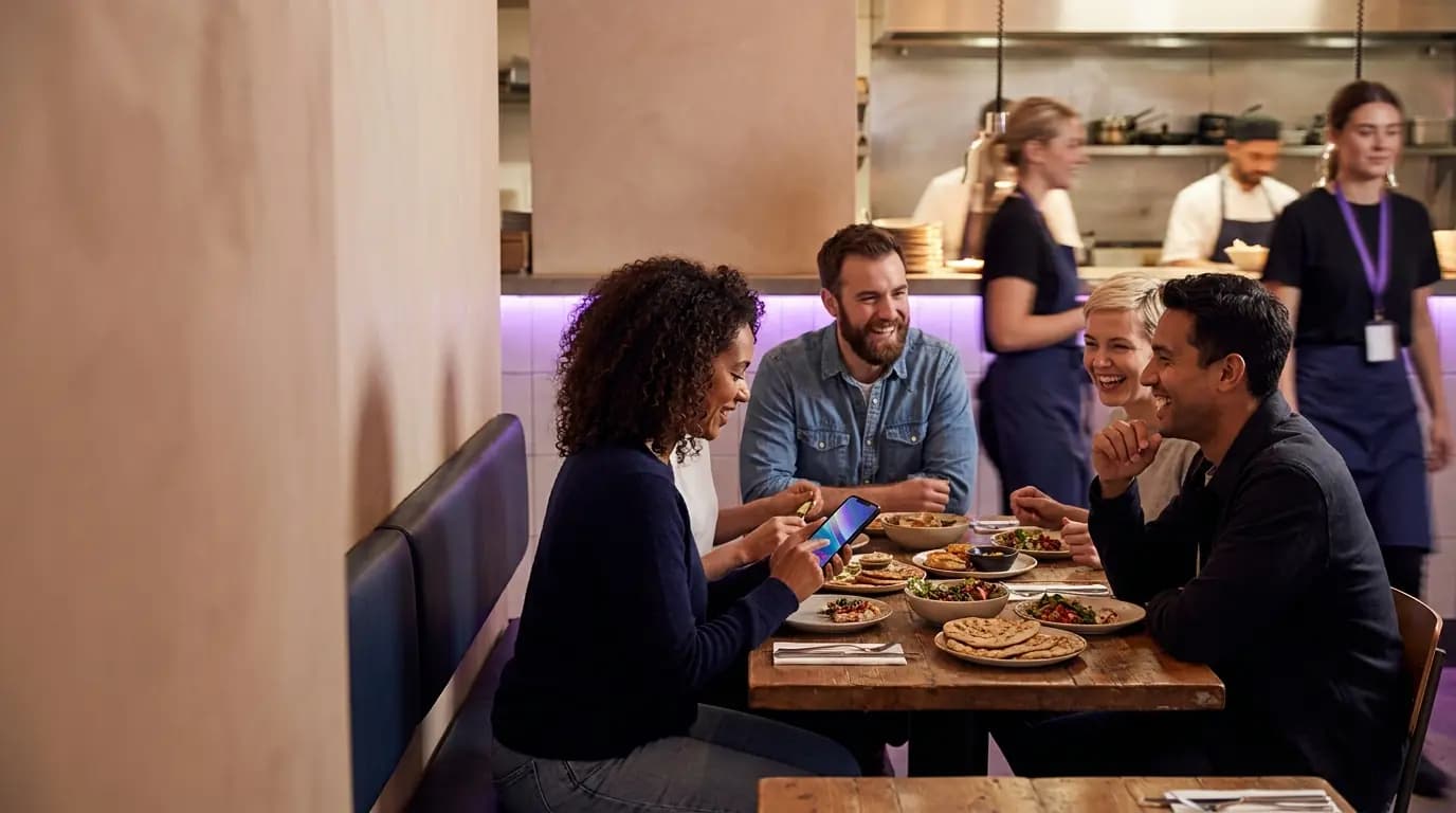 Clientes a partilhar pratos numa mesa de restaurante movimentada e com iluminação acolhedora, enquanto um deles olha para o telemóvel