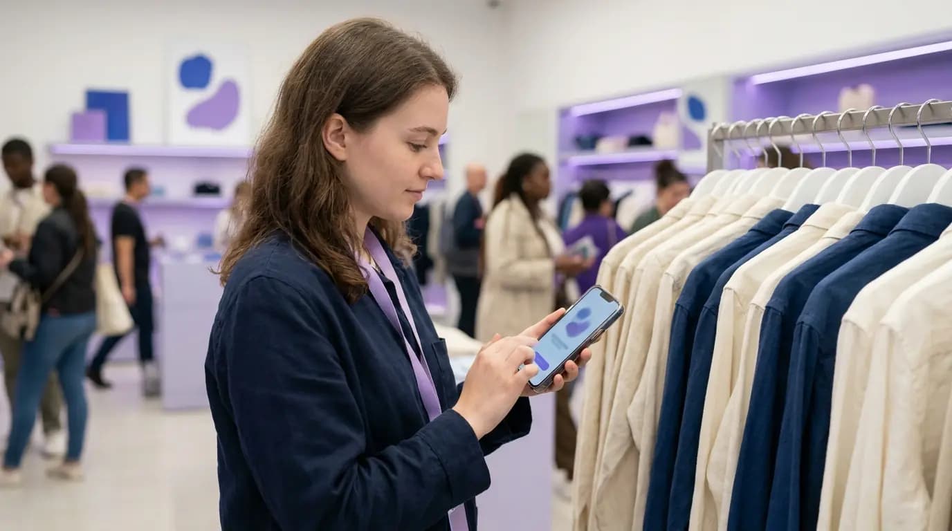 A shopper signing in to store WiFi on her phone beside a rail of clothes
