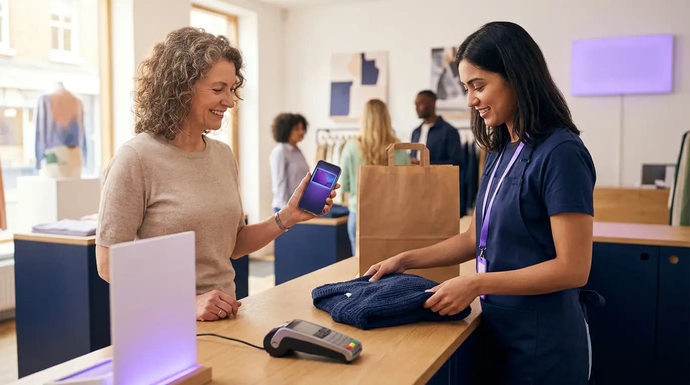 A shopper at a till tapping her phone to join a loyalty scheme while a colleague packs her bag
