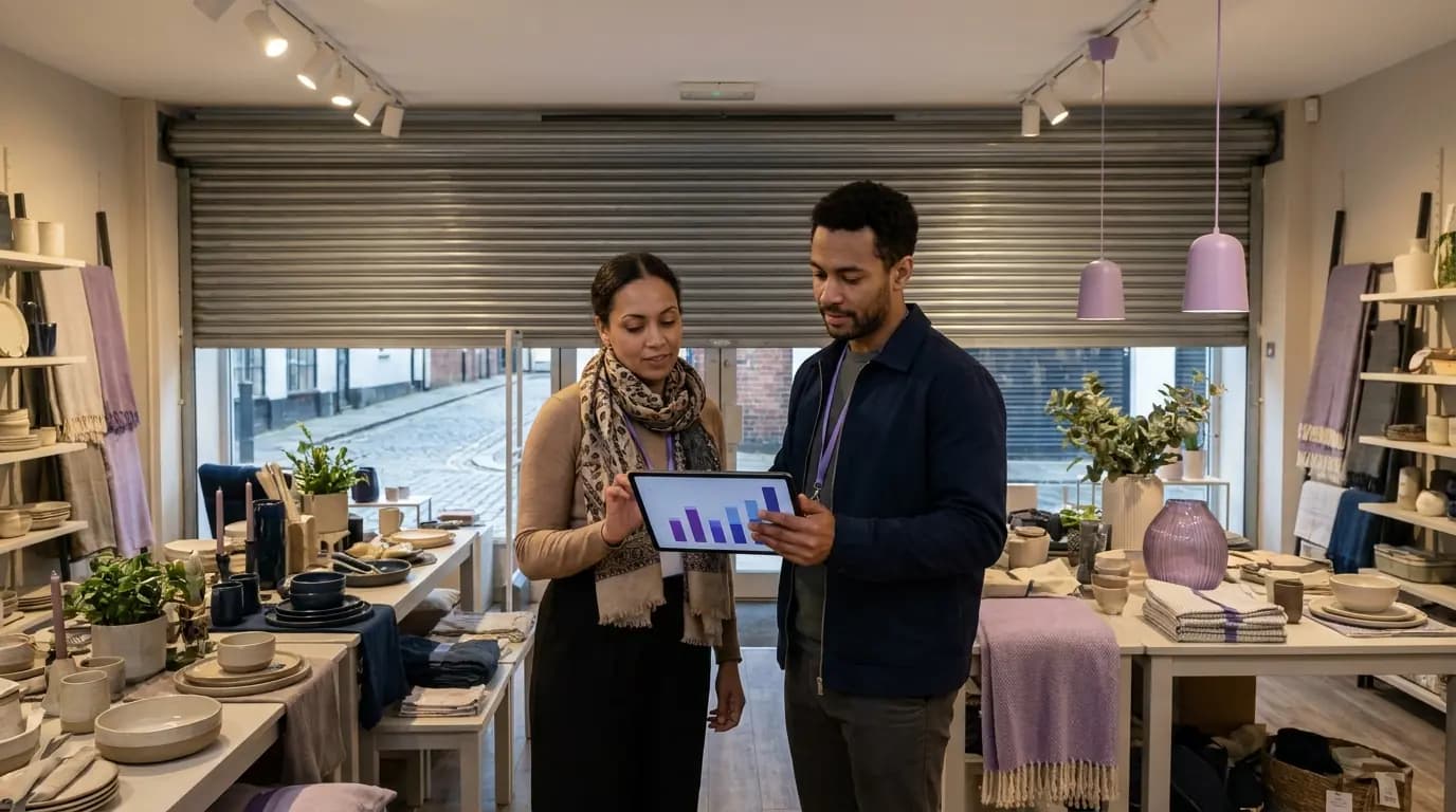 A store manager and a regional manager reviewing a tablet on the shop floor before opening
