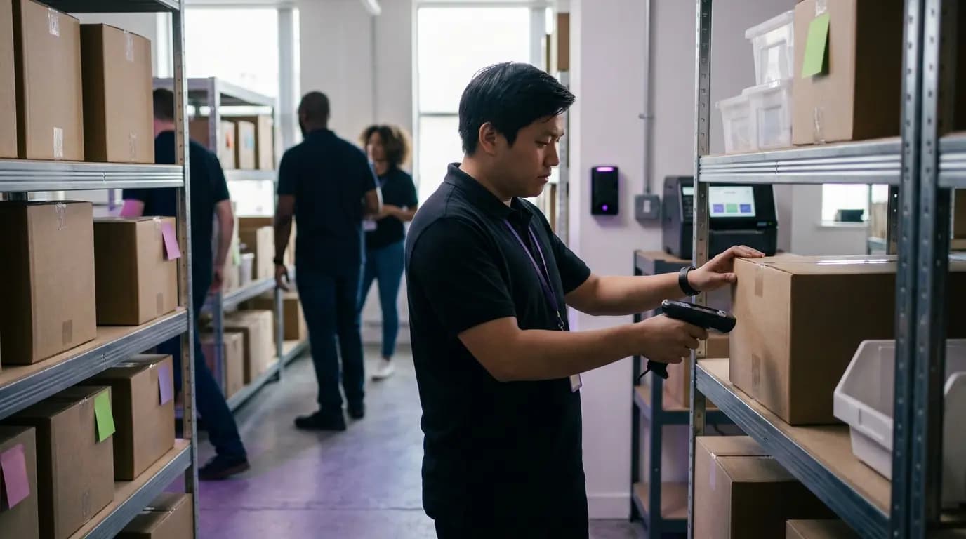 A store colleague scanning stock with a handheld device in a tidy stockroom
