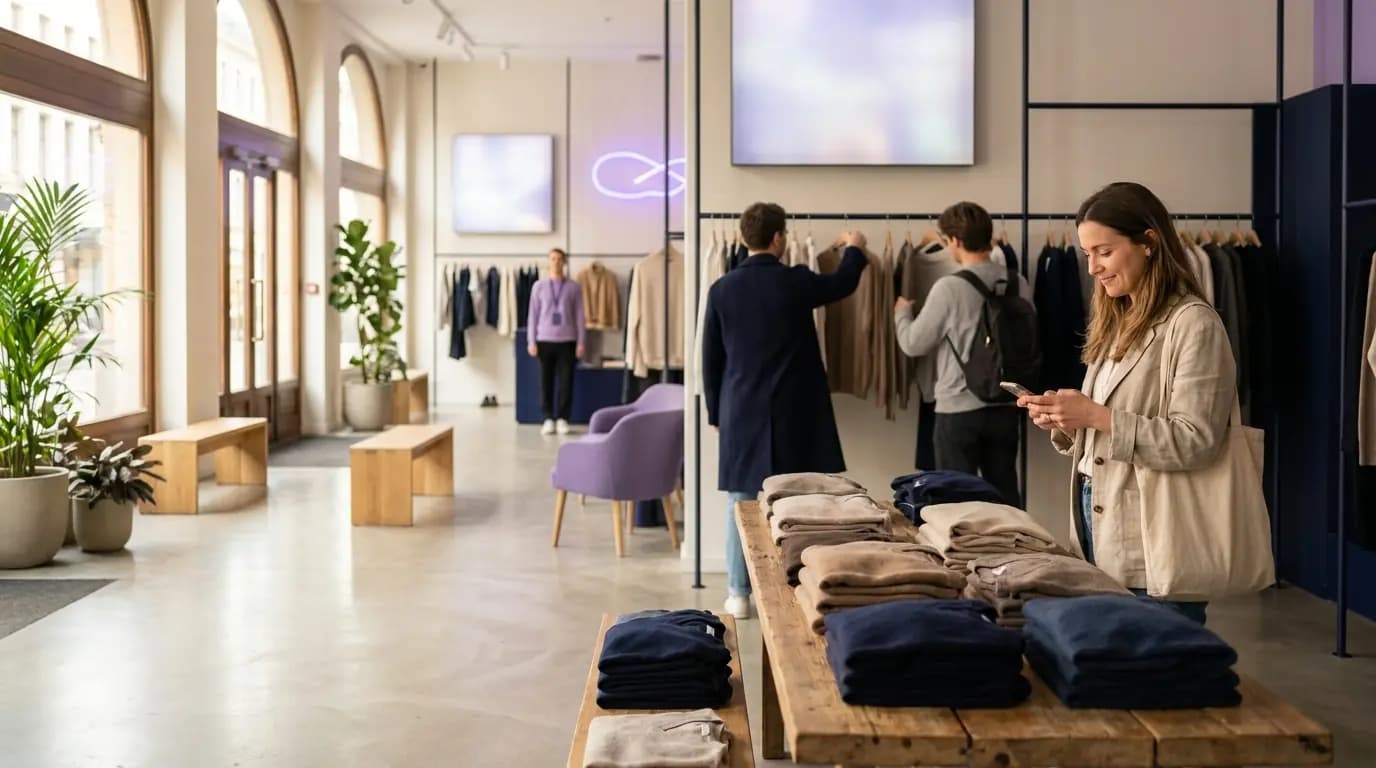 Shoppers browsing in a bright flagship store, one checking a phone by a display table