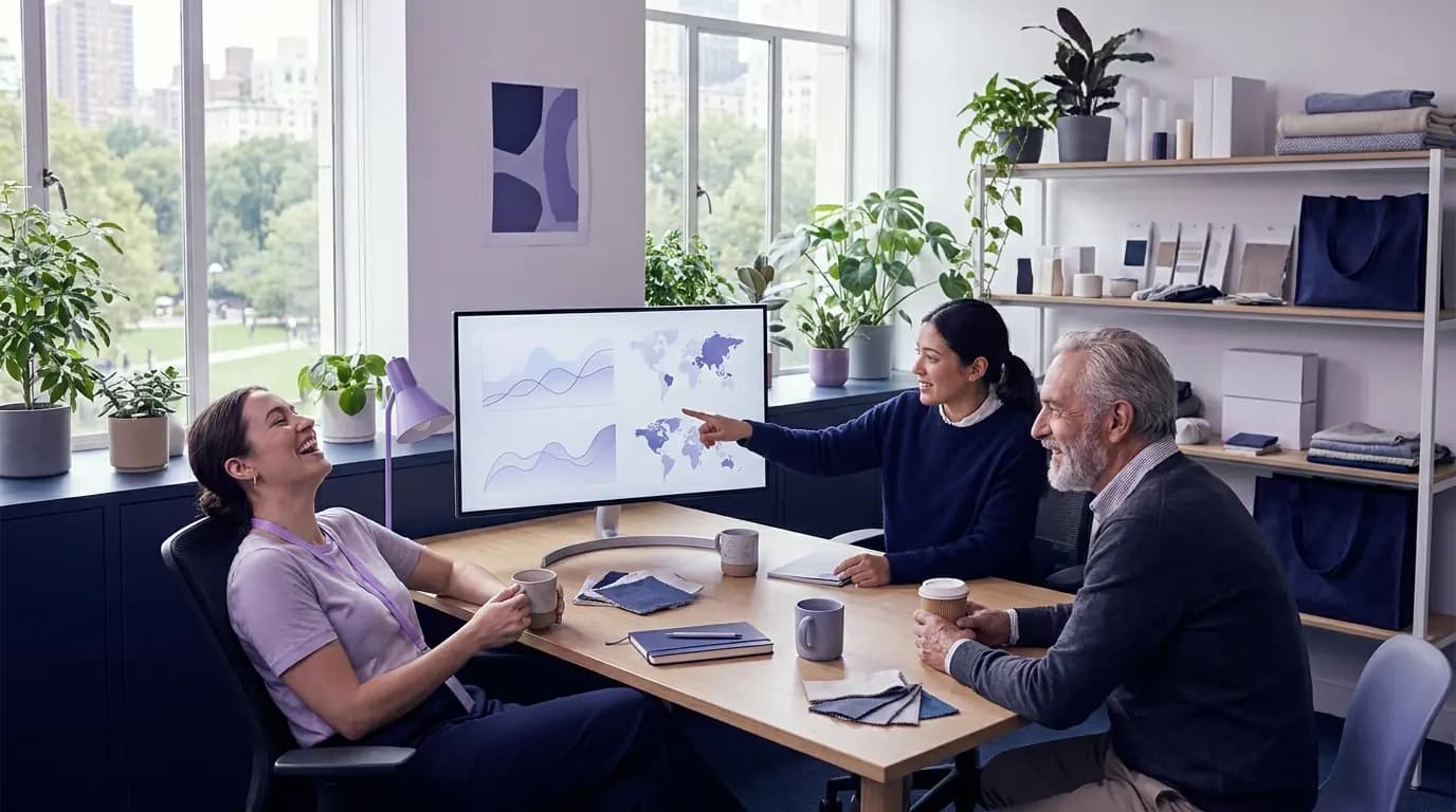 A retail marketing team reviewing a calm shopper dashboard in a bright head office