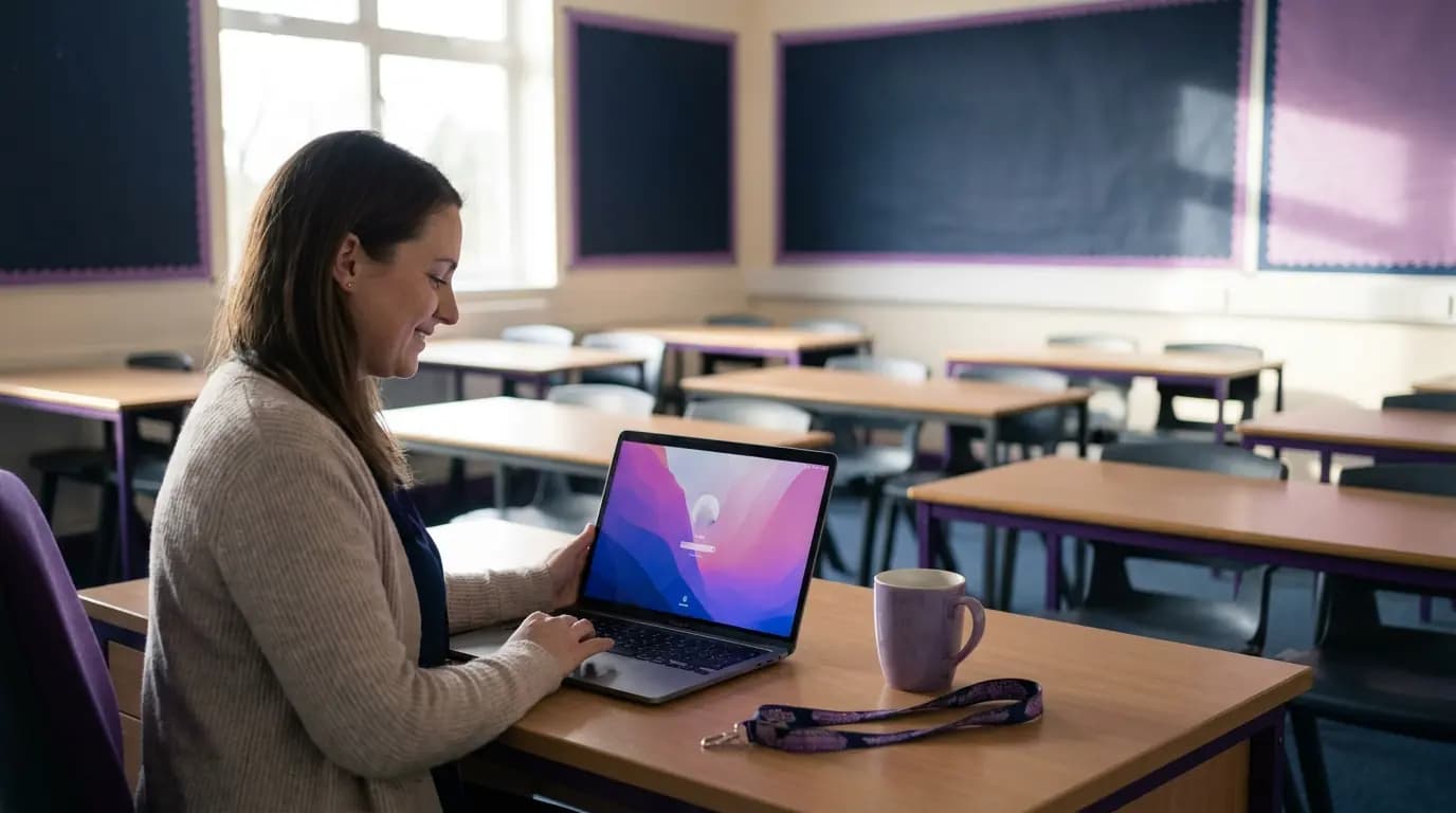 Una profesora iniciando sesión en el WiFi del colegio en un portátil en su escritorio, en un aula vacía antes de que empiece la jornada