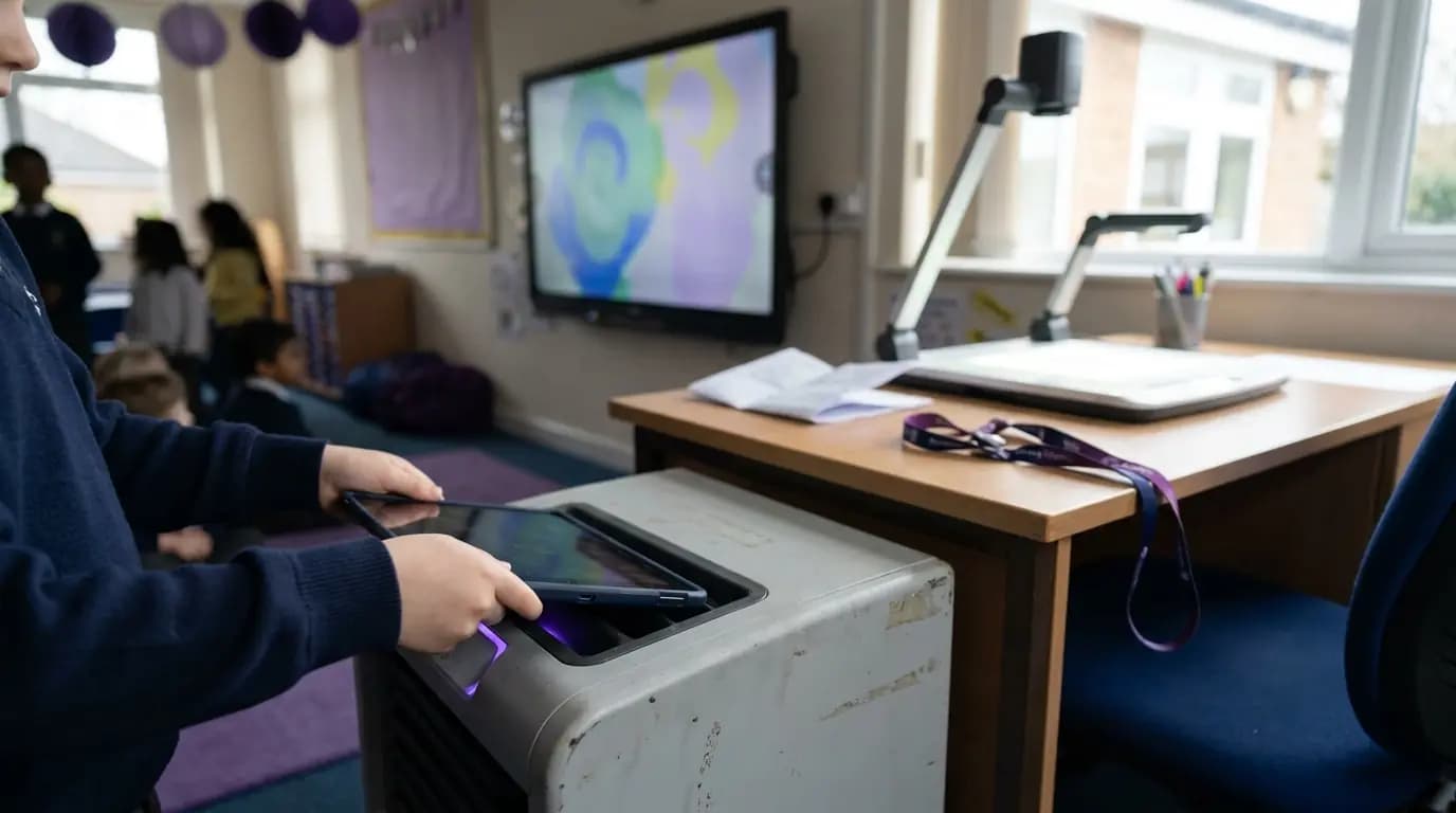 Un aula de primaria con una pantalla interactiva, un visualizador y un carro de carga de tabletas