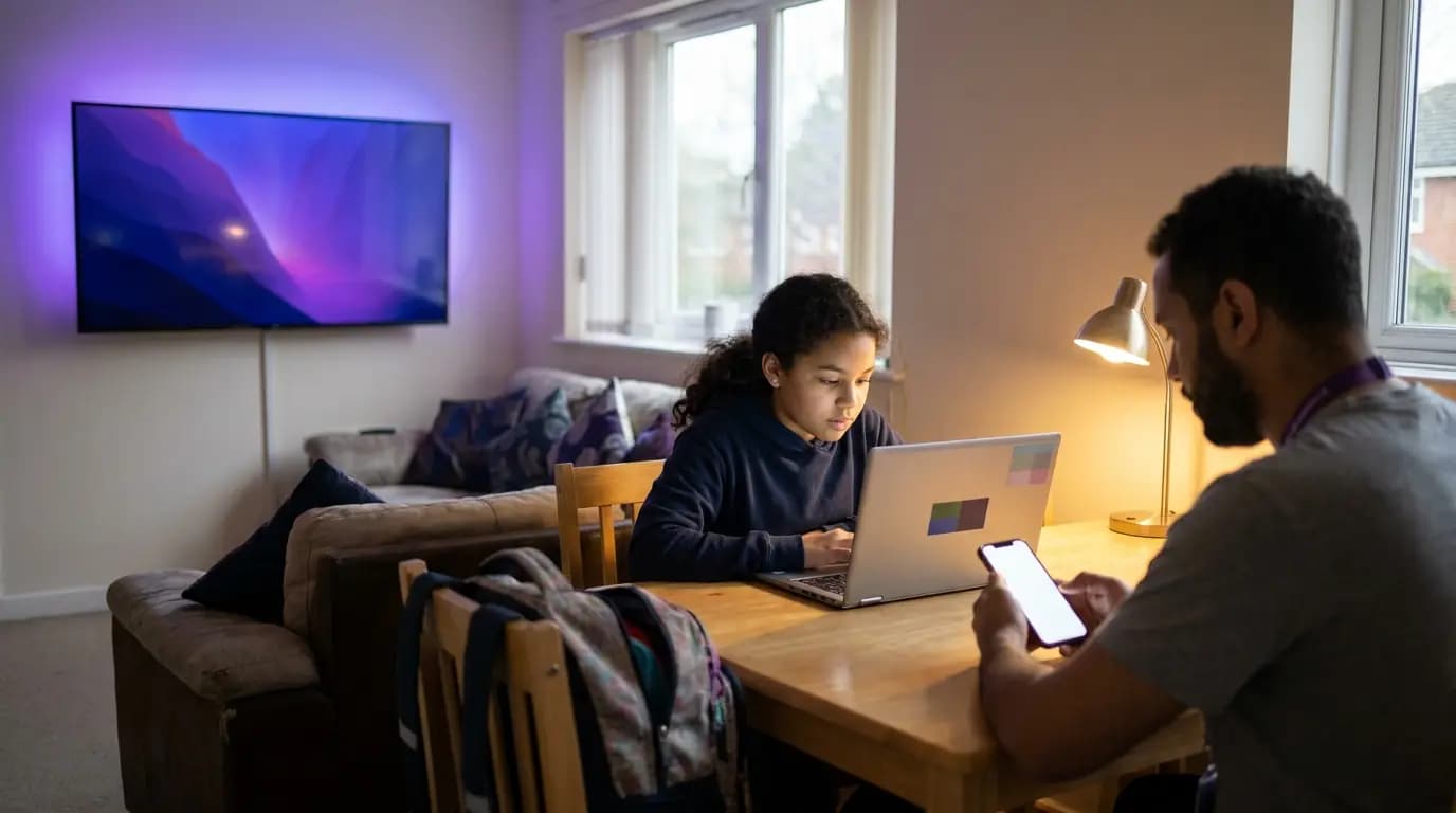 Una familia en un piso de protección oficial, un niño haciendo los deberes en un portátil mientras uno de los padres usa un teléfono en la mesa de la cocina