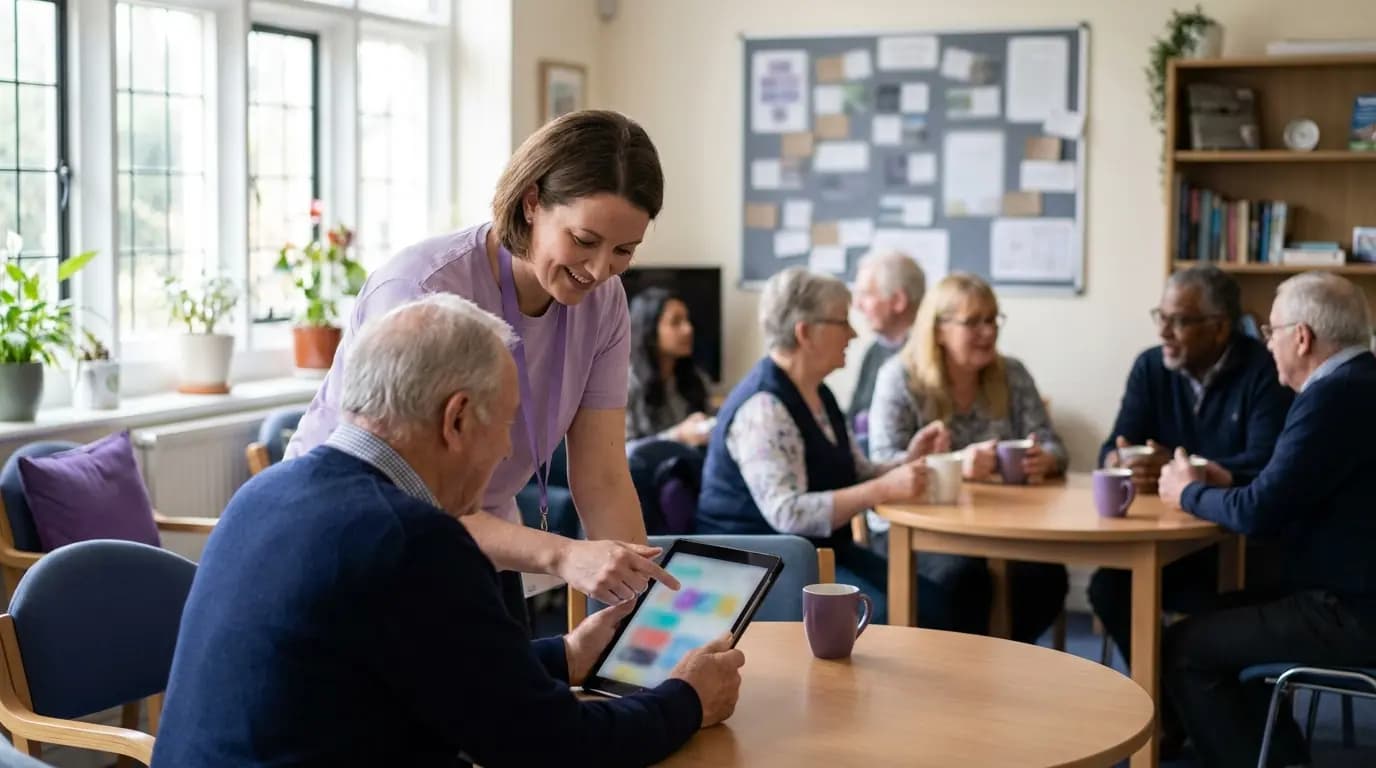 Un voluntario de competencias digitales ayudando a un residente mayor a usar una tableta en una sala comunitaria de una asociación de viviendas
