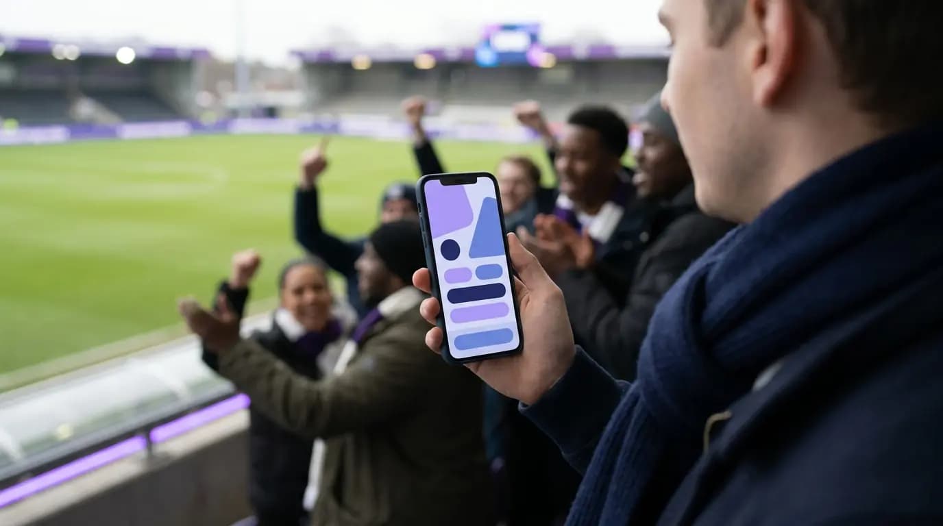 A fan in team colours signing in to stadium WiFi on their phone in the stands
