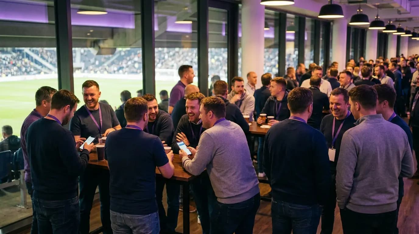 Fans on a stadium concourse looking at their phones beside a hospitality bar