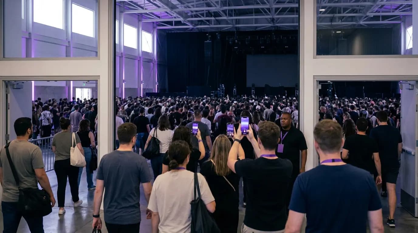 An arena set up for a live concert with fans arriving through the doors