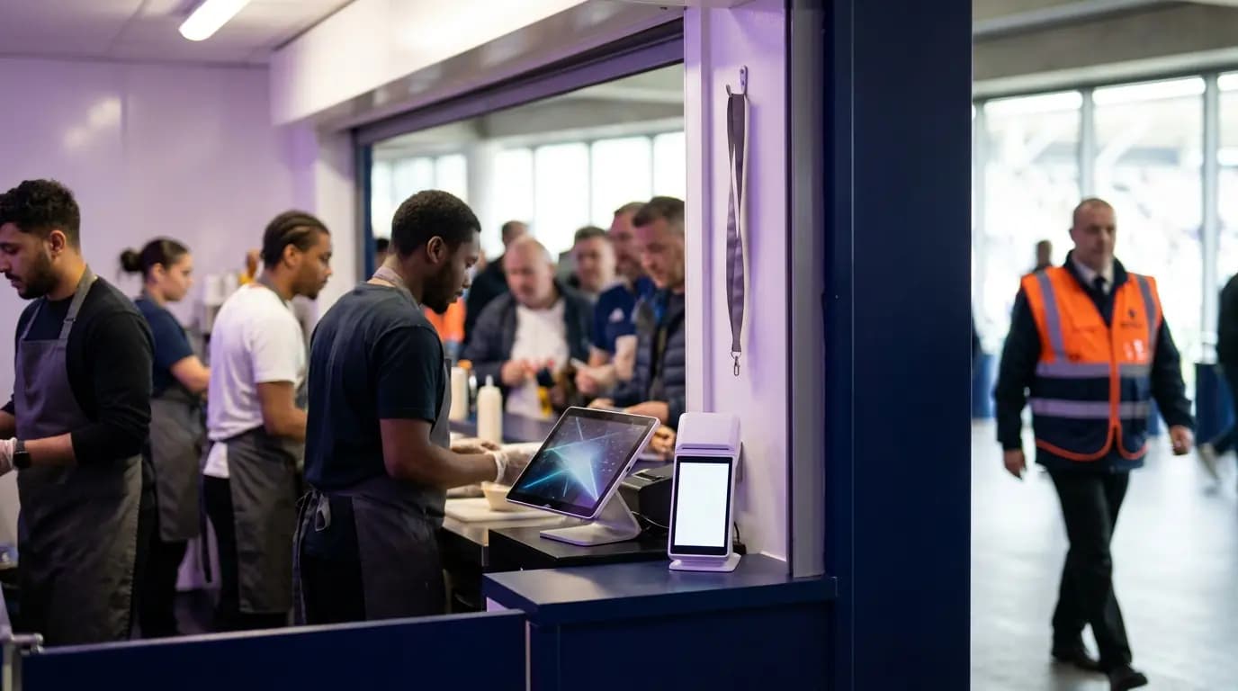 Catering staff serving fans at a stadium kiosk with card terminals on the counter