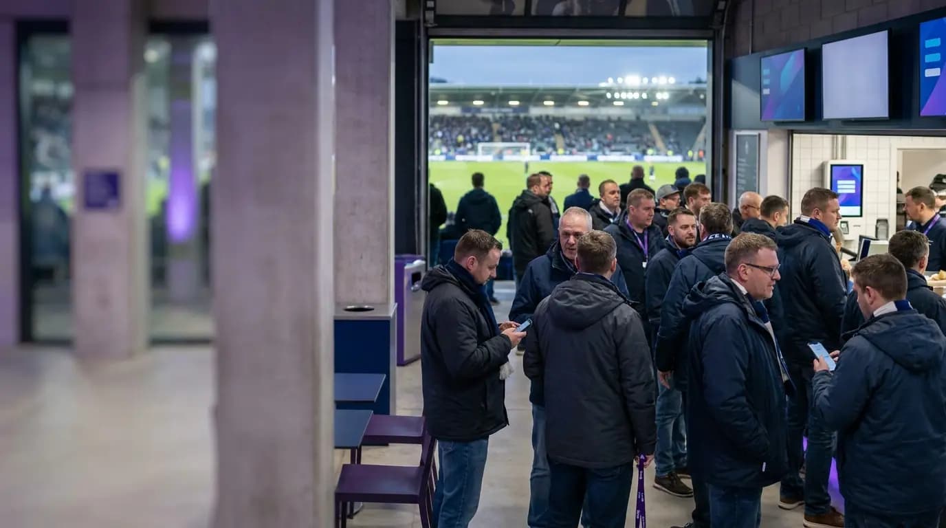 Fans in a packed stadium concourse holding phones before kick-off