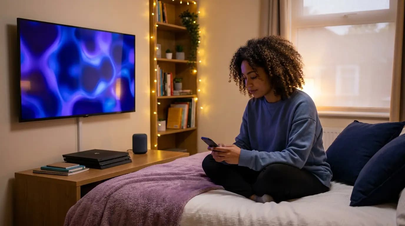 Un estudiante en su habitación con baño transmitiendo contenido desde un teléfono a una smart TV mientras una consola de videojuegos está debajo de la pantalla