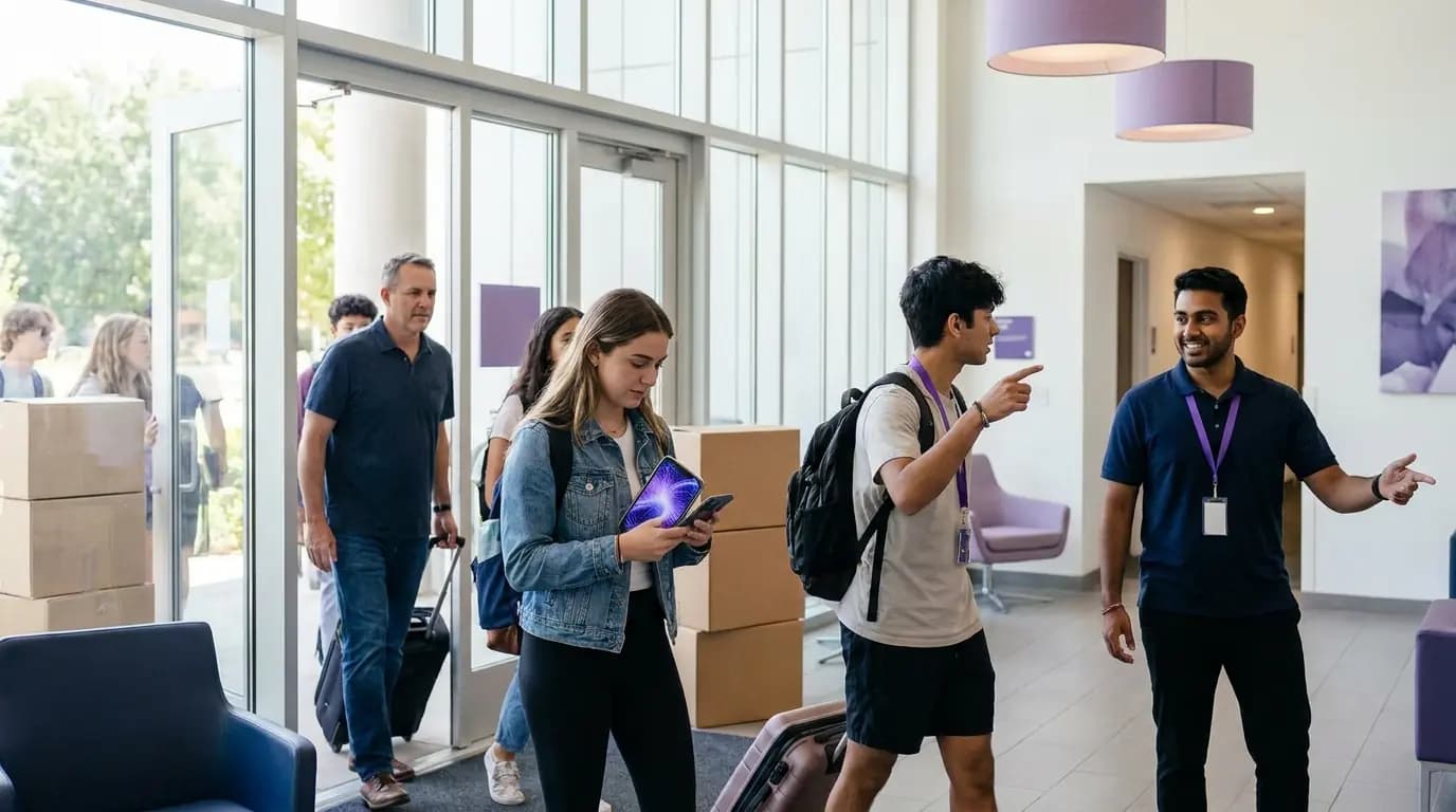 Estudiantes que llegan a una residencia con cajas y maletas el día de la mudanza, uno de ellos consulta su teléfono mientras se conecta
