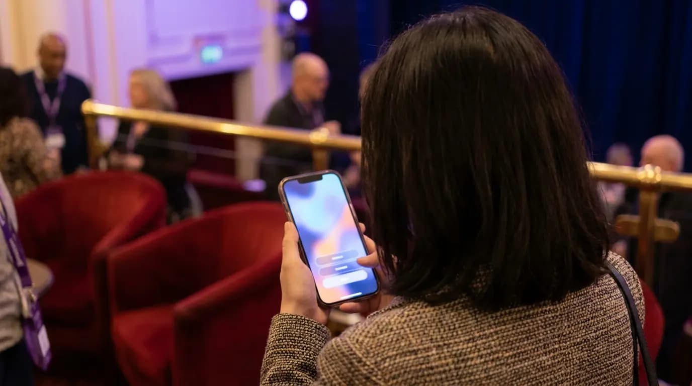 A theatre-goer signing in to venue WiFi on a phone in a softly lit foyer
