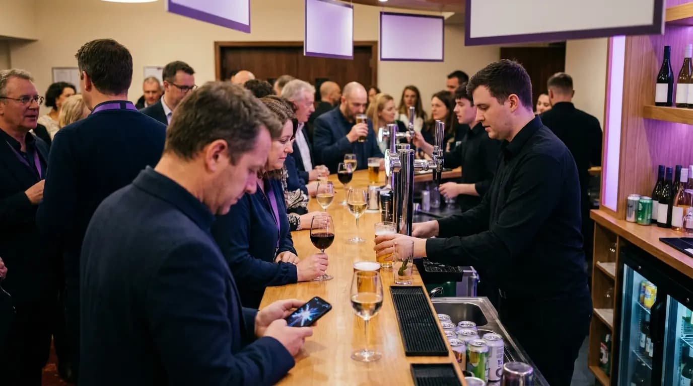 Audience members at a theatre bar during the interval, one holding a phone with an offer on screen