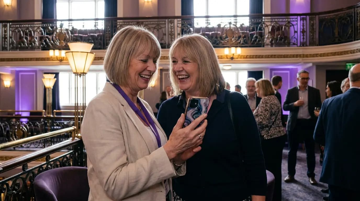 Two friends looking at a phone together in a theatre foyer, one smiling at an offer for an upcoming season