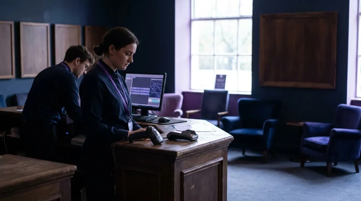 A box office assistant at a counter with a ticket scanner and card reader before doors open