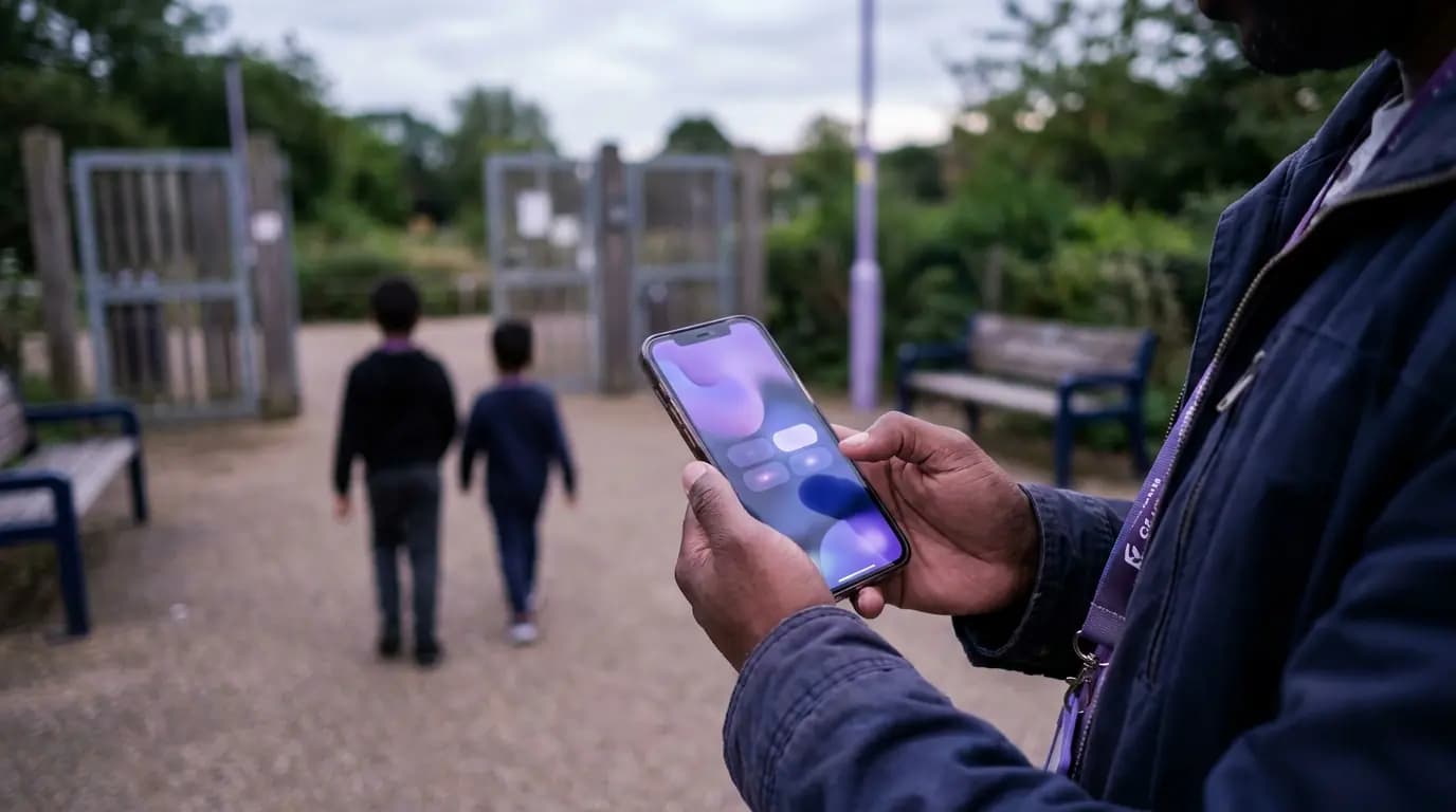 A parent signing in to park WiFi on a phone near the entrance while their children wait further ahead