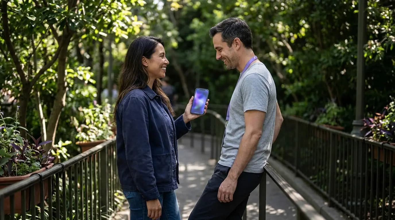 A couple in their thirties checking a park app on a phone while queueing in the sunshine
