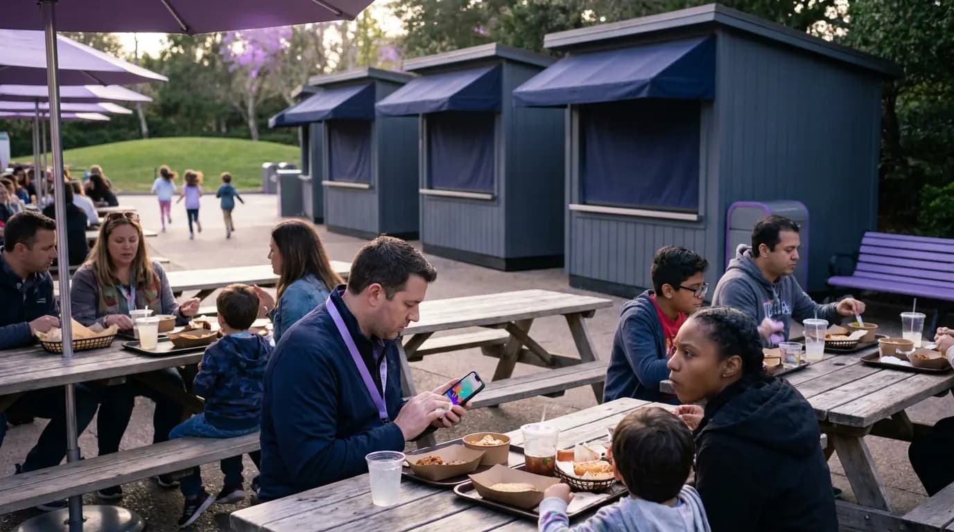 Guests sitting at outdoor tables near food kiosks in a theme park, one looking at a phone
