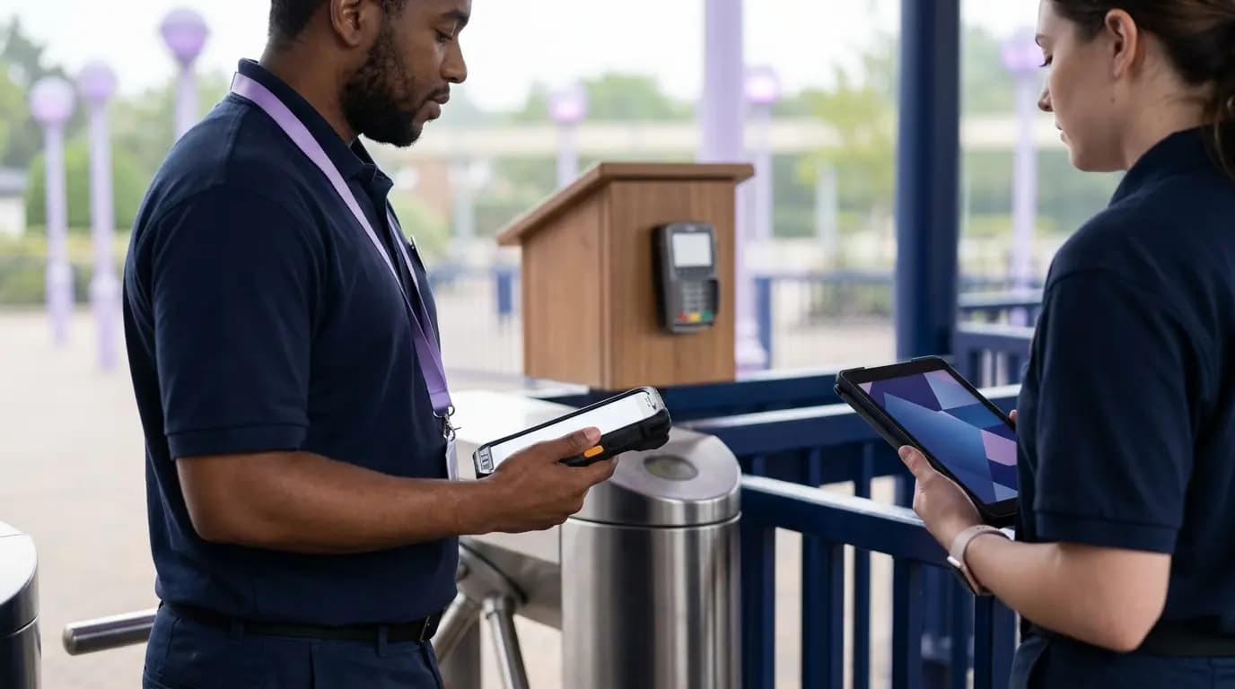 A park team member in a plain polo shirt using a handheld device beside a turnstile