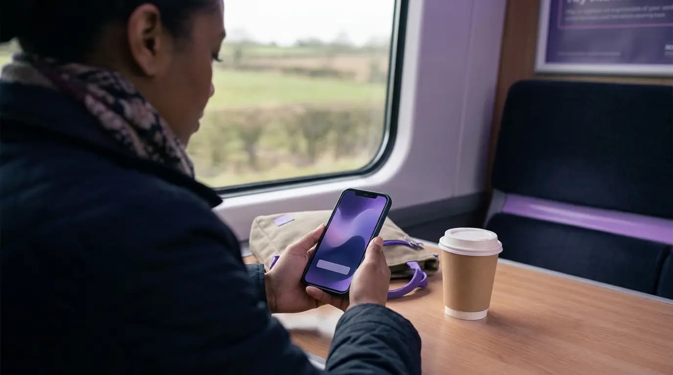 Un pasajero iniciando sesión en el WiFi del tren desde un teléfono en la mesa de un vagón, con un café y un bolso pequeño al lado