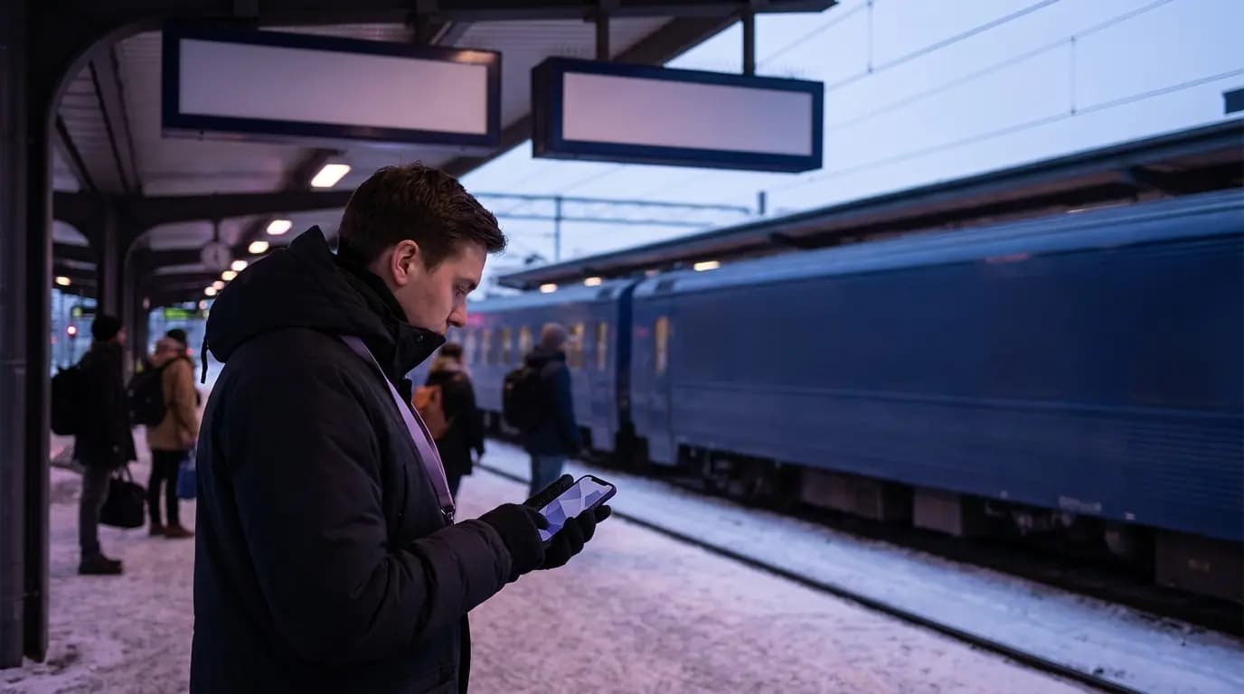 Un viajero respondiendo a una breve encuesta en un teléfono mientras espera en el andén de una estación al atardecer