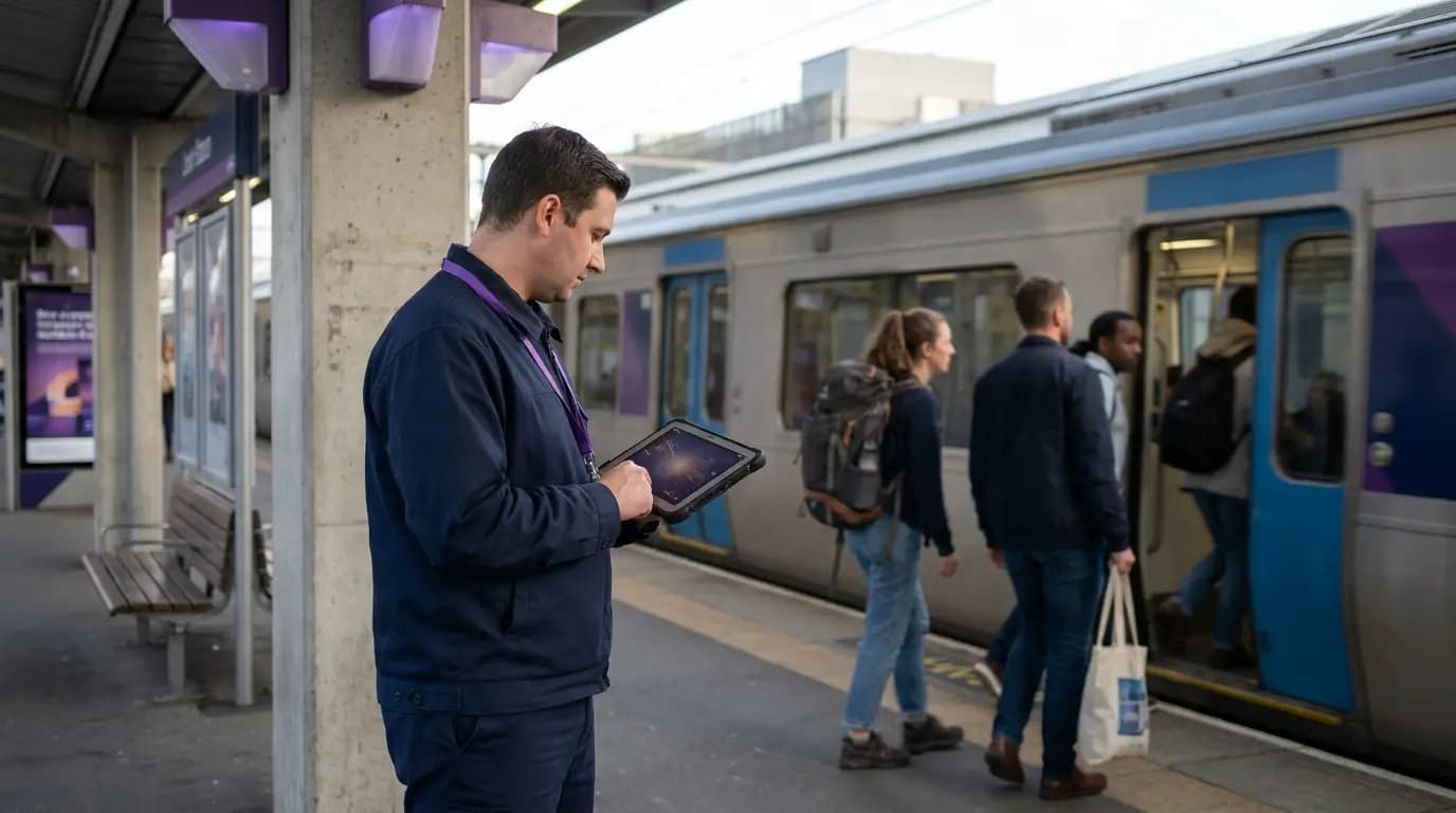 Un miembro del equipo de la estación con uniforme sencillo utilizando una tableta en un andén mientras llega un tren
