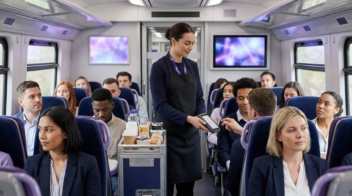 Un carrito de catering en el pasillo de un tren con un terminal de tarjeta portátil, con pasajeros sentados a ambos lados