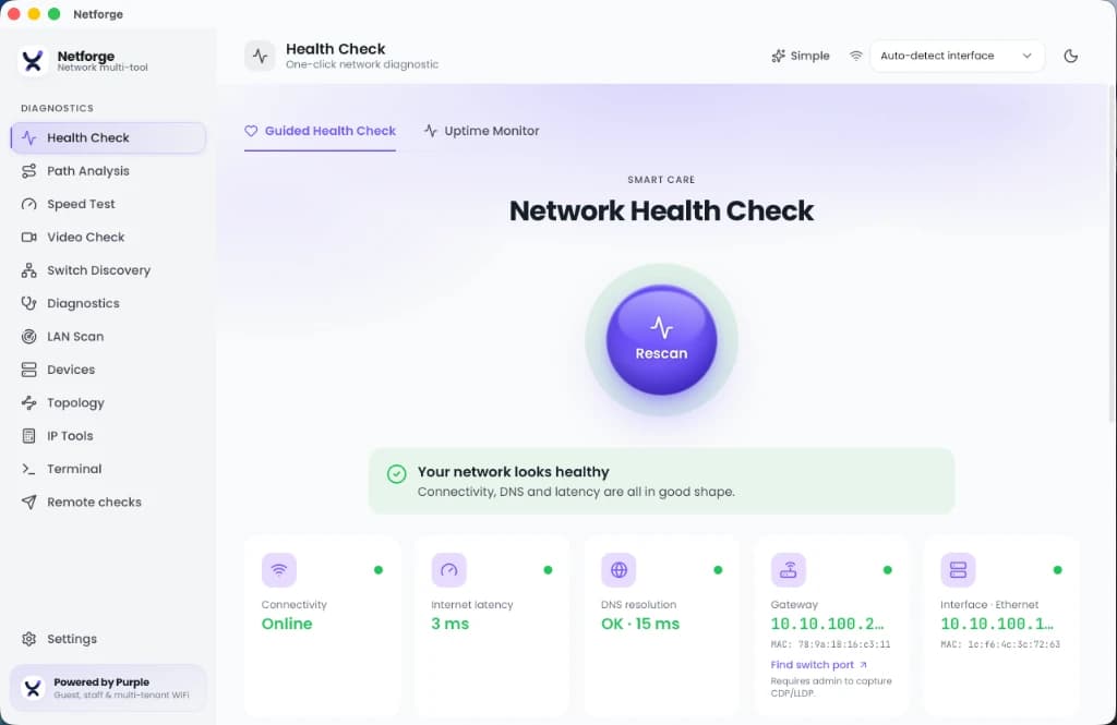 Netforge Health Check diagnostic screen showing one-click network scan