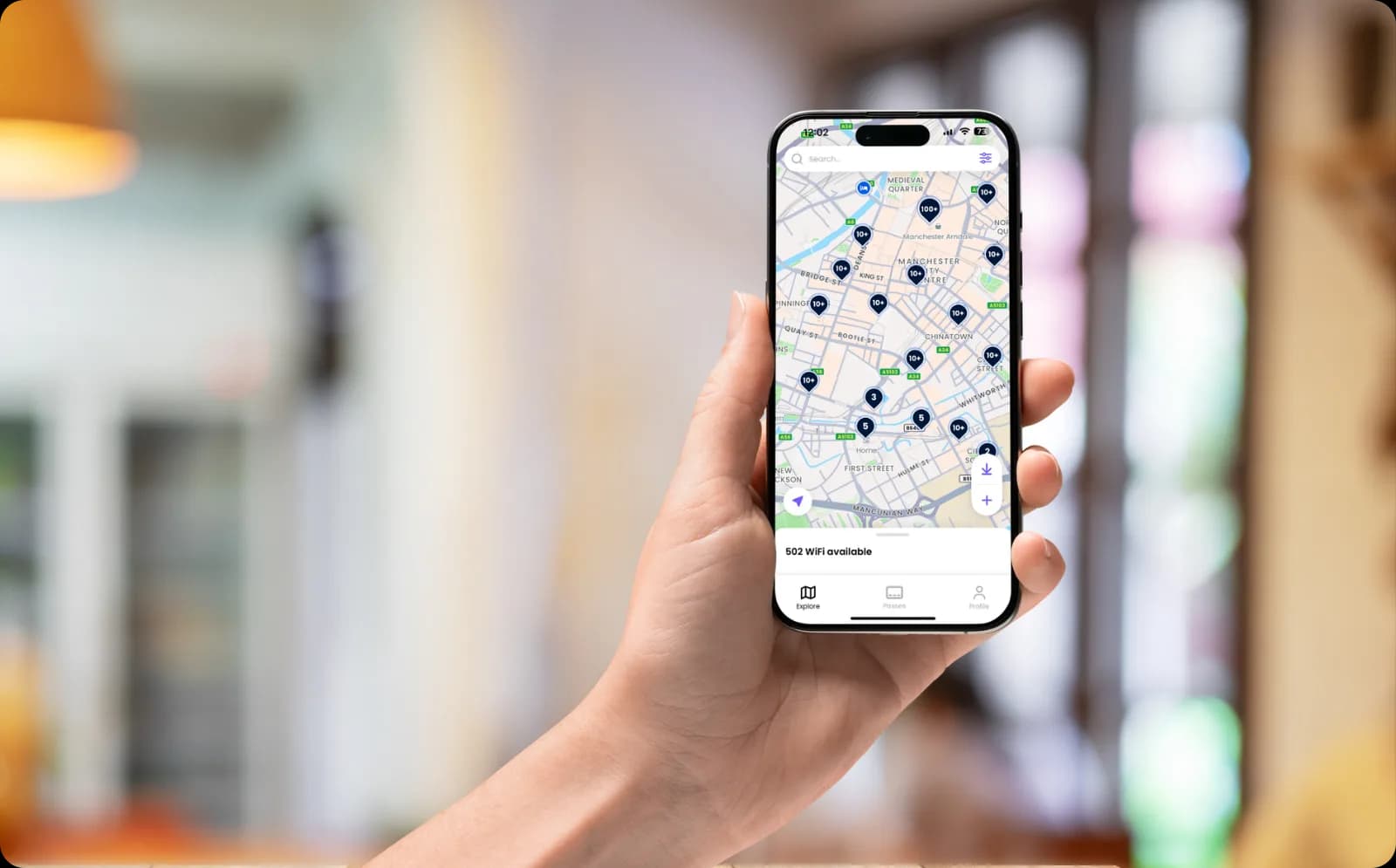 The Purple app showing hundreds of nearby WiFi venues available across the OpenRoaming network