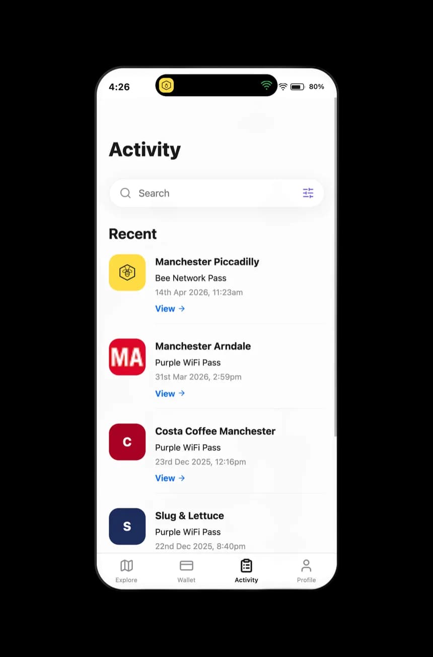 Activity feed showing recent venue visits and WiFi passes