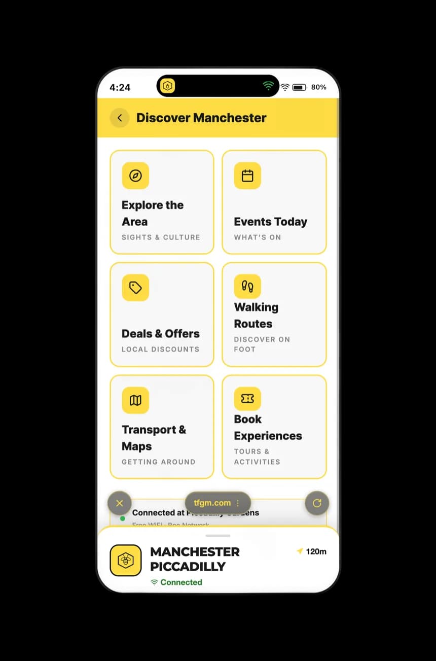 Discover screen with tiles for events, deals, walking routes, and transport